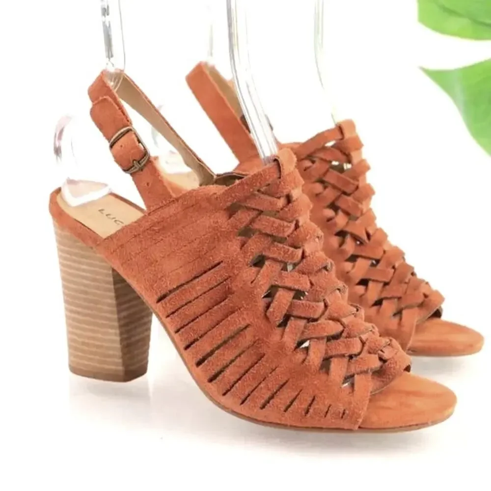 LUCKY BRAND Yvette Sandals Heels Rust Suede Woven Slingback Boho Western Sz 9